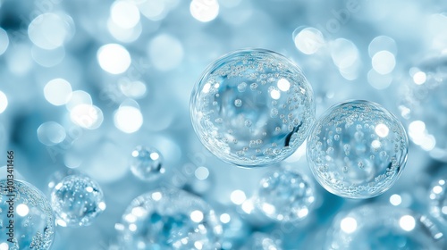 Close-Up of Floating Bubbles in Soft Blue Light with Bokeh Background