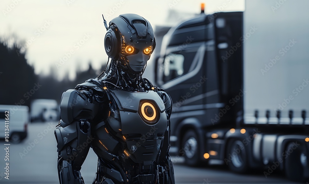 An intelligent robot stands against the backdrop of a sleek, modern truck. The high-tech features and digital controls emphasize innovative advancements in vehicle automation. An intelligent robot stands against the backdrop of a sleek, modern truck. The high-tech features and digital controls emphasize innovative advancements in vehicle automation.