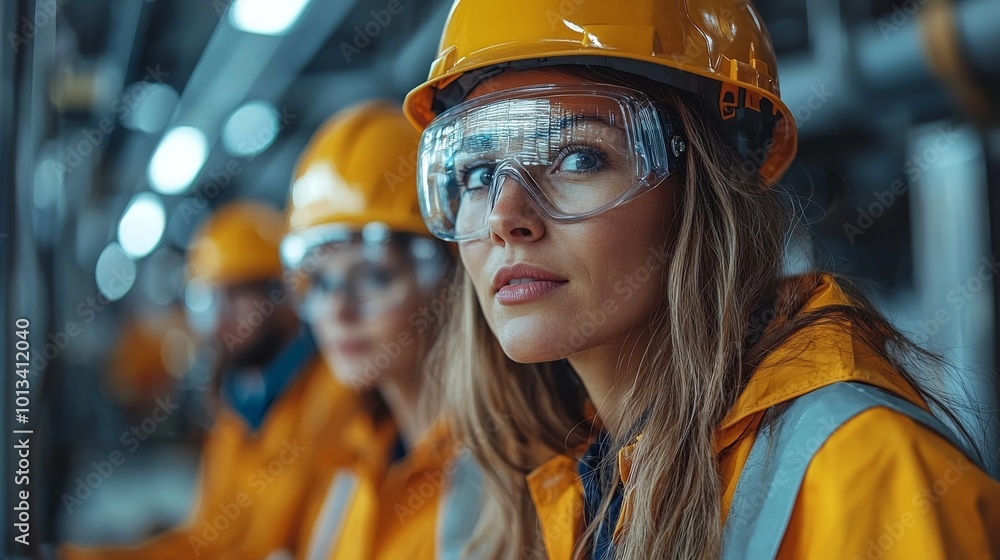 A group of workers in safety gear, focused on their tasks in an industrial setting. A group of workers in safety gear, focused on their tasks in an industrial setting.