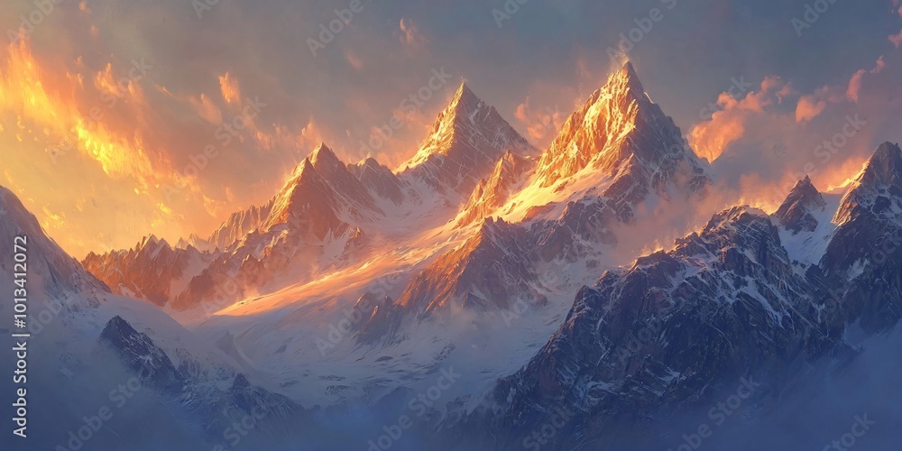 Dramatic mountain peaks glowing with golden light at sunset. Dramatic mountain peaks glowing with golden light at sunset.