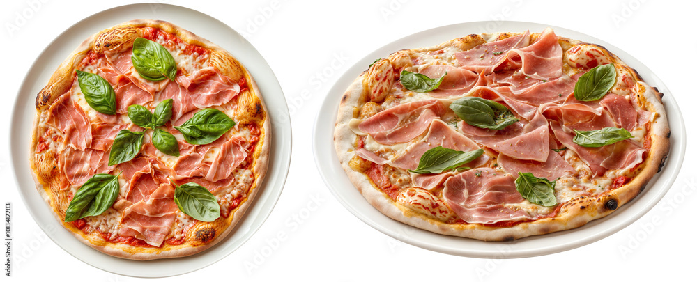 Authentic Italian Pizza with Prosciutto and Fresh Basil - Traditional Thin-Crust Pizza Topped with Cured Ham, Mozzarella, and Tomato Sauce Isolated on Transparent Background Authentic Italian Pizza with Prosciutto and Fresh Basil - Traditional Thin-Crust Pizza Topped with Cured Ham, Mozzarella, and Tomato Sauce Isolated on Transparent Background