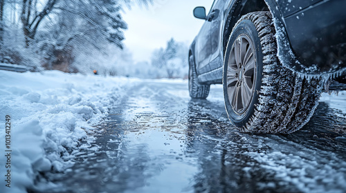 This striking photograph highlights a car equipped with winter tires, strategically positioned on a slippery road surface. Generative AI