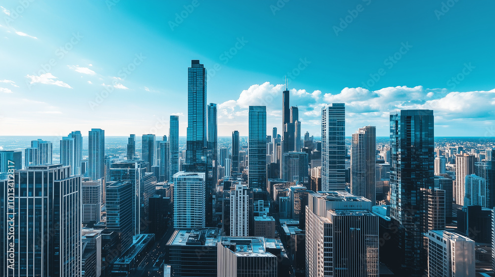 Fototapeta premium City Skyline and Skyscrapers Under Blue Sky and White Clouds Aerial View