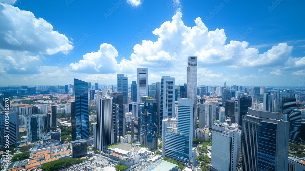 Obraz premium City Skyline and Skyscrapers Under Blue Sky and White Clouds Aerial View