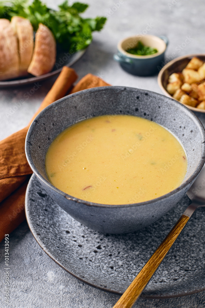 Bowl of potato soup puree with croutons, parsley and ground red pepper, and spoon on the plate. Bowl of potato soup puree with croutons, parsley and ground red pepper, and spoon on the plate.