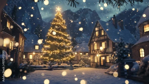 Christmas village with lit tree, snow-covered homes, glowing windows, twinkling lights, snowflakes falling.