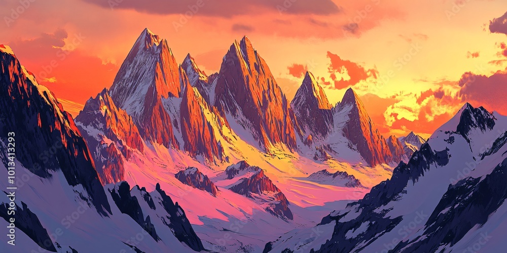 Obraz premium Dramatic mountain peaks glowing with warm sunset light.