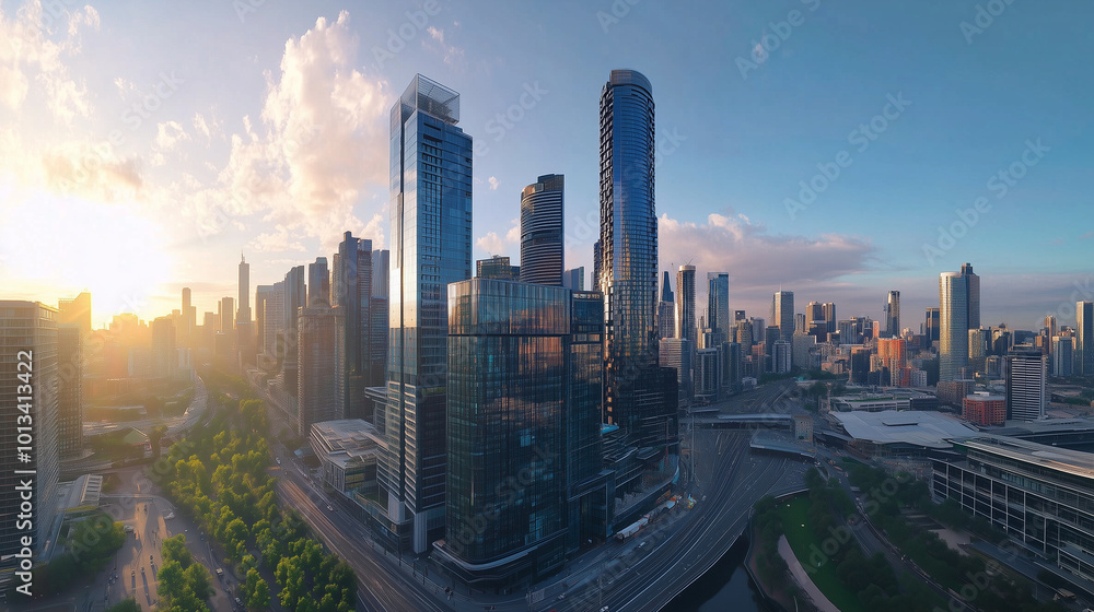 Obraz premium City Skyline and Skyscrapers Under Blue Sky and White Clouds Aerial View