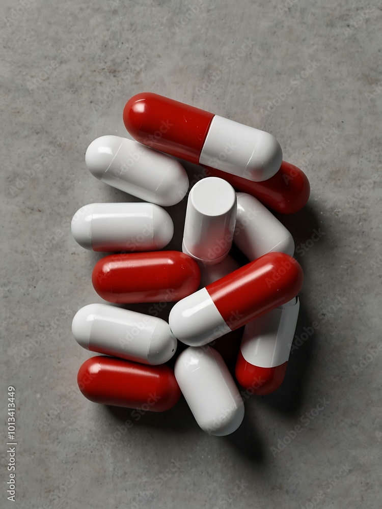 High-angle view of red and white capsules on a grey background. High-angle view of red and white capsules on a grey background.