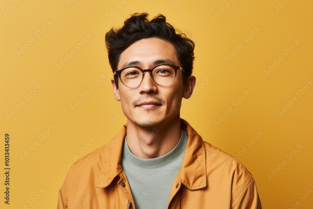 Portrait of handsome asian man in yellow jacket and glasses on yellow background Portrait of handsome asian man in yellow jacket and glasses on yellow background
