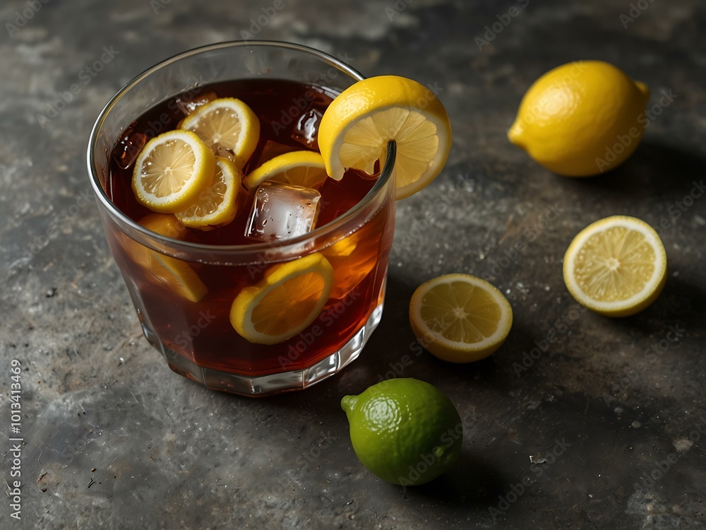 High-angle view of refreshing iced black tea with lemon next to lemonade. High-angle view of refreshing iced black tea with lemon next to lemonade.