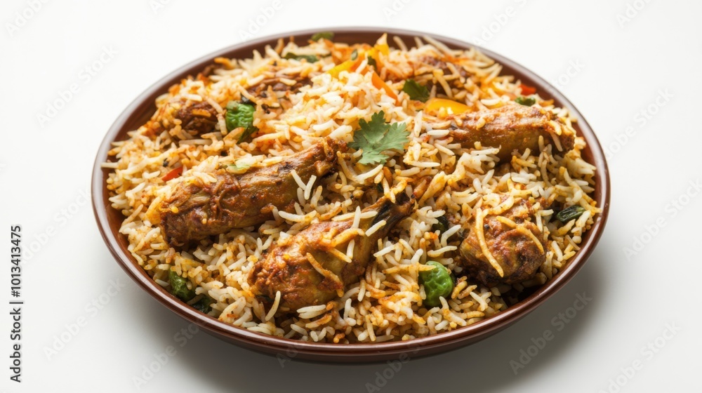 Biryani on a plate, on white plain isolated, top view Biryani on a plate, on white plain isolated, top view