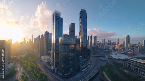 City Skyline and Skyscrapers Under Blue Sky and White Clouds Aerial View