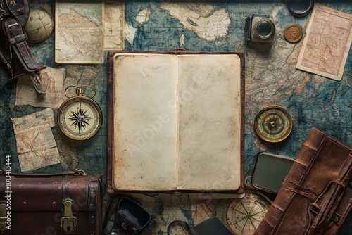 An open vintage travel journal lies on a world map. Various antique items surround it. Perfect for adventure and exploration themes. Generative AI