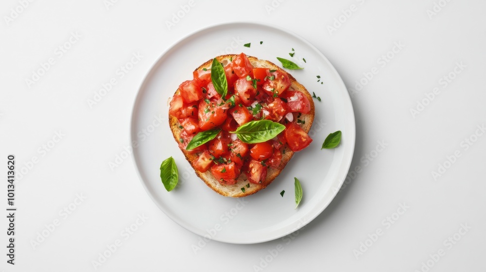 Bruschetta on a plate, on white plain isolated, top view Bruschetta on a plate, on white plain isolated, top view