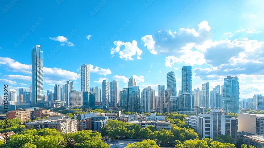 Obraz premium City Skyline and Skyscrapers Under Blue Sky and White Clouds Aerial View