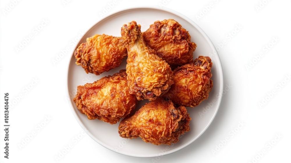 Fried Chicken on a plate, on white plain isolated, top view Fried Chicken on a plate, on white plain isolated, top view