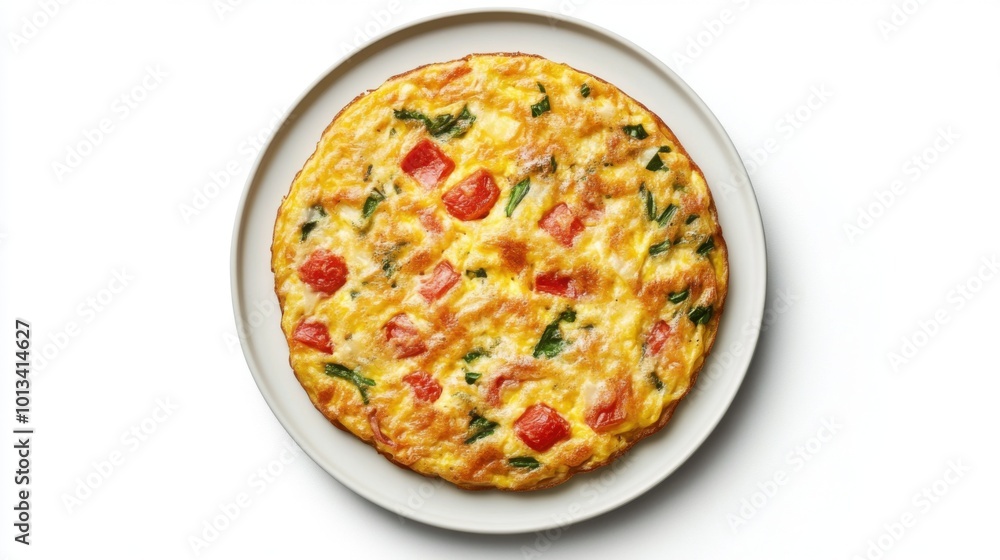Frittata on a plate, on white plain isolated, top view Frittata on a plate, on white plain isolated, top view