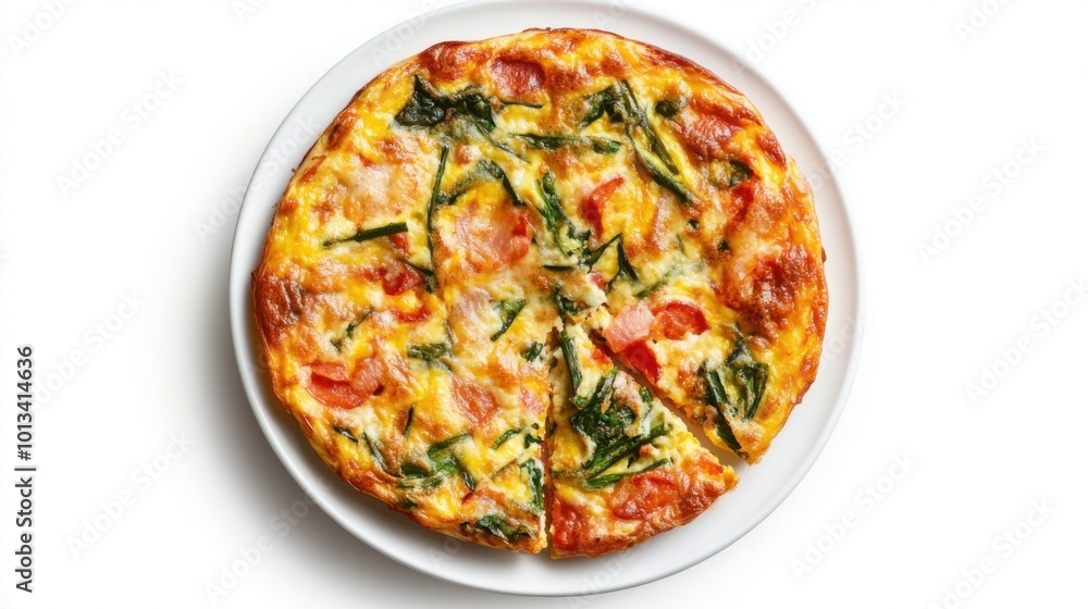 Frittata on a plate, on white plain isolated, top view,