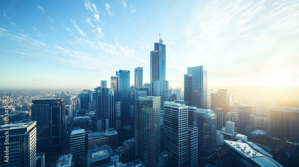Fototapeta premium Aerial View of City Skyline and High-Rise Buildings Under Blue Sky and White Clouds