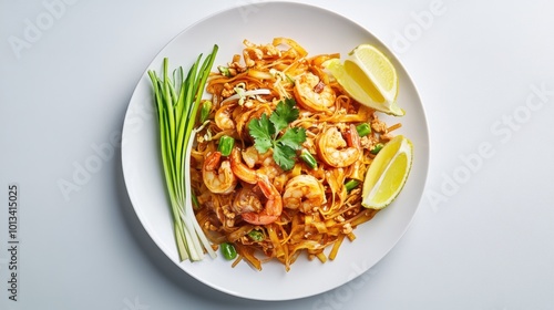 Pad Thai on a plate, on white plain isolated, top view,