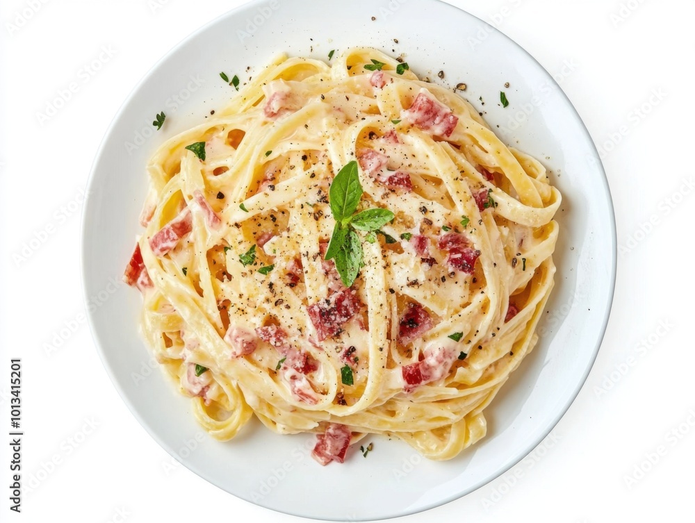 Pasta carbonara on a plate, on white plain isolated, top view Pasta carbonara on a plate, on white plain isolated, top view