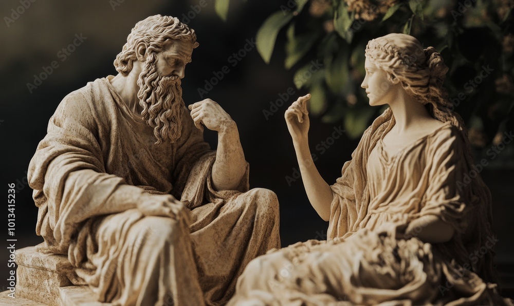 Two ancient statues of a man and woman. Two ancient statues of a man and woman.
