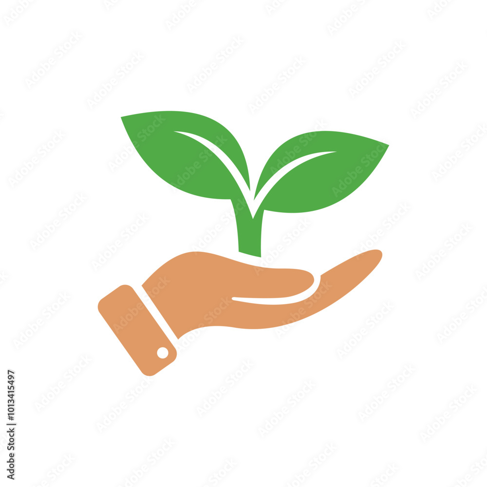 Eco care symbol. Human hand with green plant flat vector design on white background Eco care symbol. Human hand with green plant flat vector design on white background
