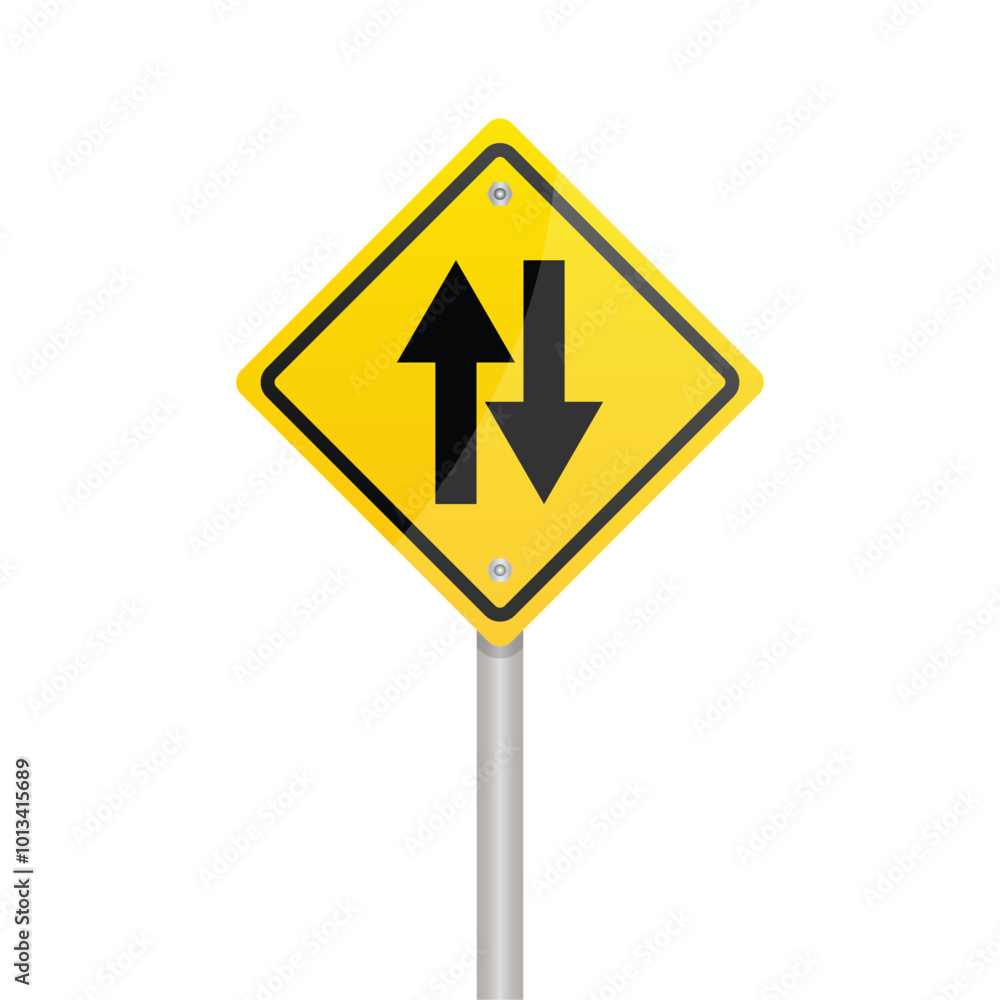 Two way traffic ahead road sign flat vector illustration on white background Two way traffic ahead road sign flat vector illustration on white background