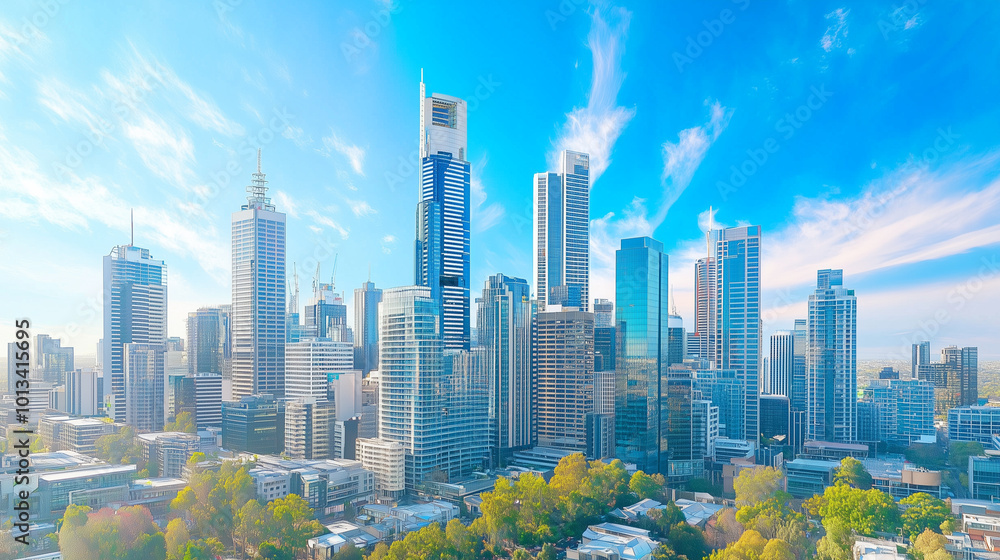 Obraz premium Aerial View of City Skyline and High-Rise Buildings Under Blue Sky and White Clouds