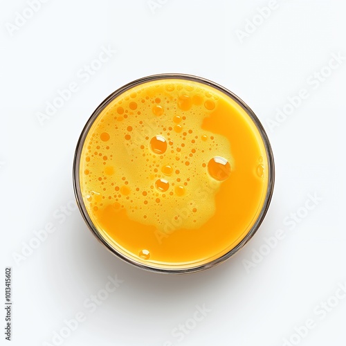 Top view of a glass of orange juice with bubbles.