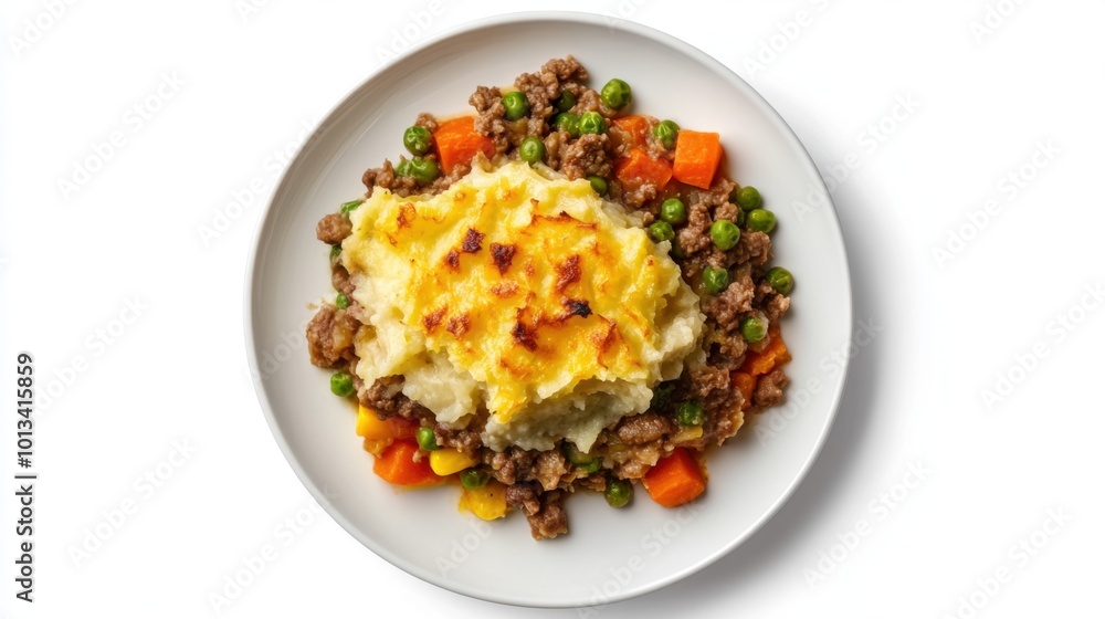 Shepherd's Pie on a plate, on white plain isolated, top view Shepherd's Pie on a plate, on white plain isolated, top view