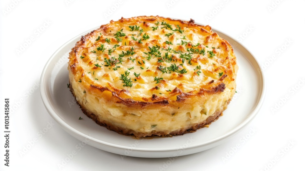 Shepherd's Pie on a plate, on white plain isolated, top view Shepherd's Pie on a plate, on white plain isolated, top view