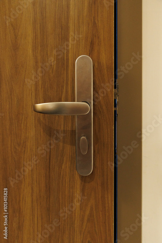 Lockable door handle on wooden door, door locker, hotel handle
