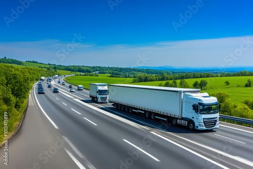 A large white semi truck is driving down a road