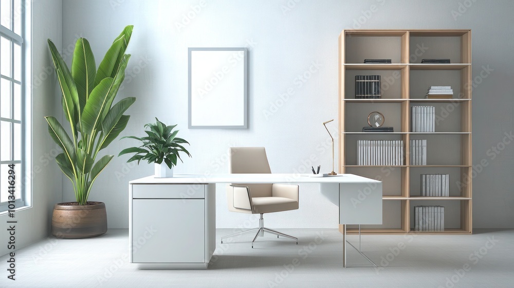 Fototapeta premium A minimalist home office with a white desk, a comfortable modern chair, a potted plant, and a sleek bookshelf, all set in front of a large window that allows natural light to flood the room.