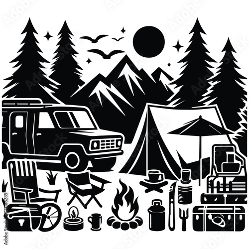 A camping illustration showcasing a tent nestled in front of a towering mountain, capturing the essence of outdoor adventure.