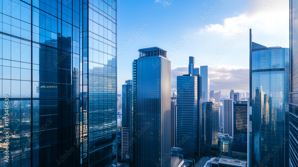 Fototapeta premium Aerial View of City Skyline and High-Rise Buildings Under Blue Sky and White Clouds
