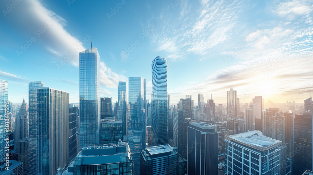 Fototapeta premium Aerial View of City Skyline and High-Rise Buildings Under Blue Sky and White Clouds