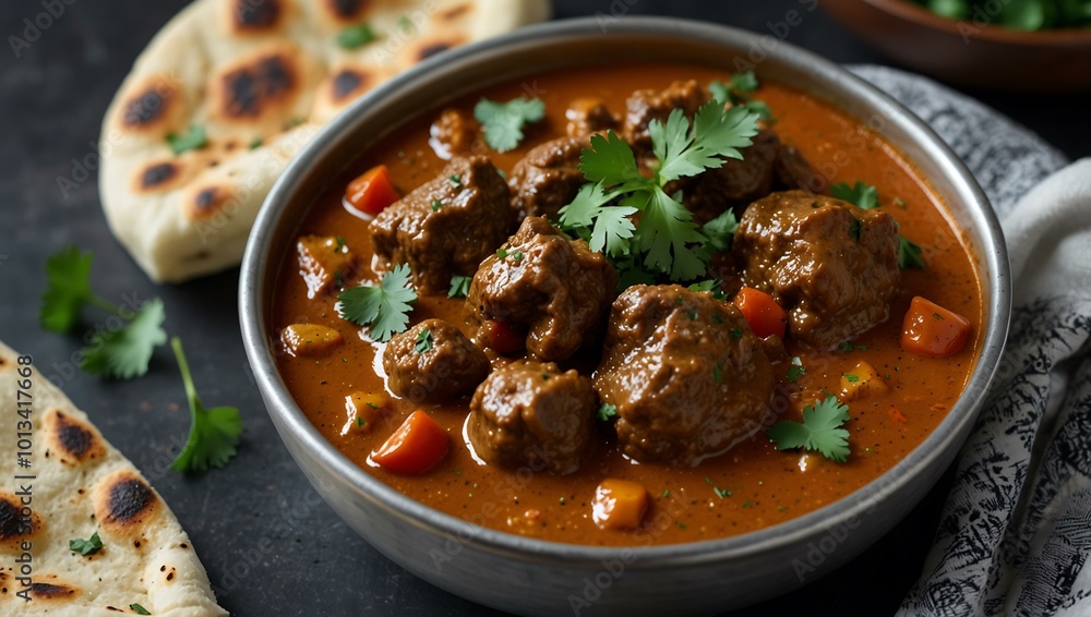 Lamb curry served with naan and fresh cilantro. Lamb curry served with naan and fresh cilantro.