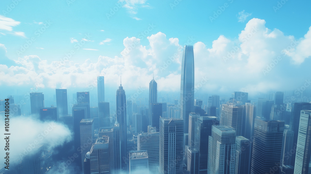 City Skyline and Skyscrapers Under Blue Sky and White Clouds Aerial View City Skyline and Skyscrapers Under Blue Sky and White Clouds Aerial View