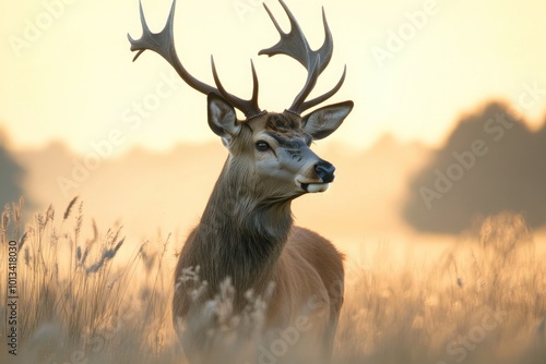 A majestic deer standing in a field of tall grass, framed by the soft light of dawn. photo