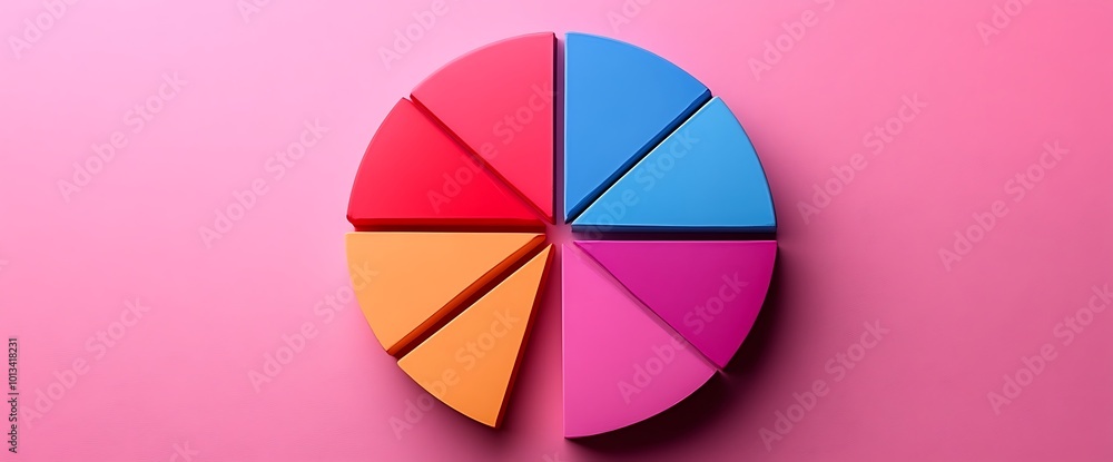 Fototapeta premium Colorful pie chart divided into seven segments on a pink background.