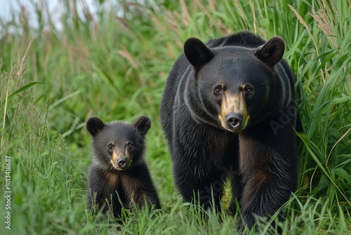 Mother and her cub are walking in tall grass