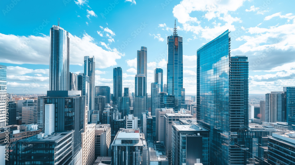 Obraz premium City Skyline and Skyscrapers Under Blue Sky and White Clouds Aerial View