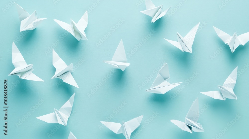 Flock of white origami paper birds Flock of white origami paper birds
