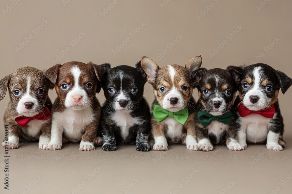 Six adorable puppies posing in a row wearing bowties Six adorable puppies posing in a row wearing bowties