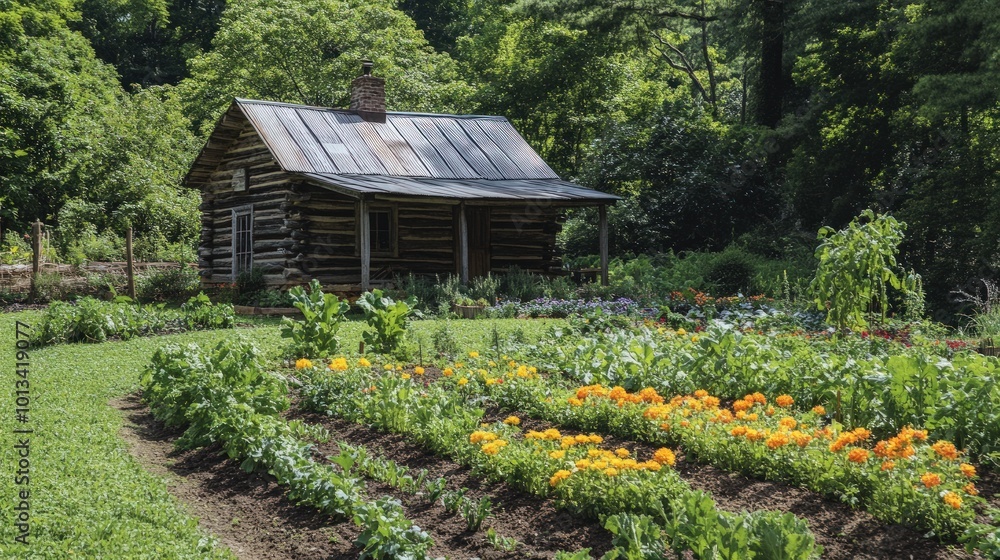 A rustic log cabin with a flower garden in the front yard. A rustic log cabin with a flower garden in the front yard.