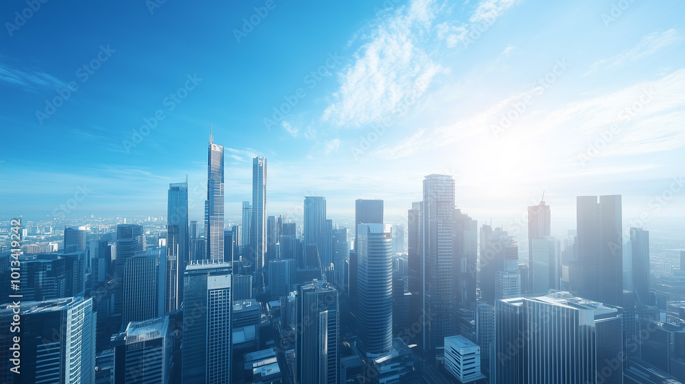 Fototapeta premium City Skyline and Skyscrapers Under Blue Sky and White Clouds Aerial View