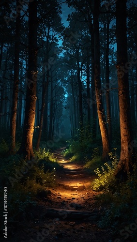 Magical glowing forest path at night.